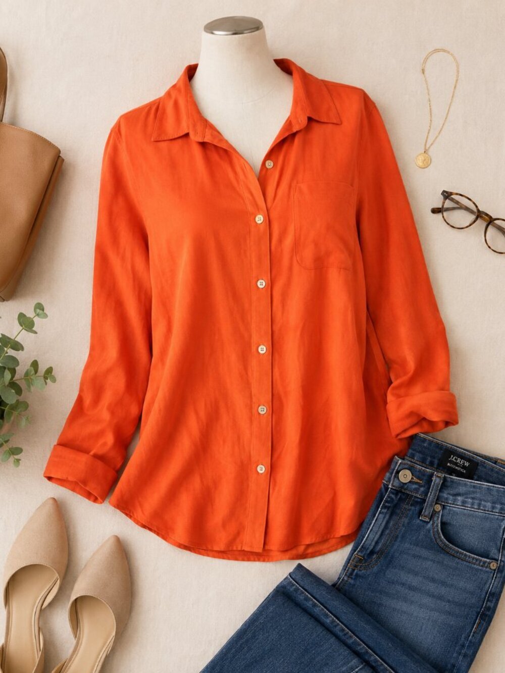 J. Jill 100% Silk Button Front Blouse Medium Orange Long Sleeve Career Top